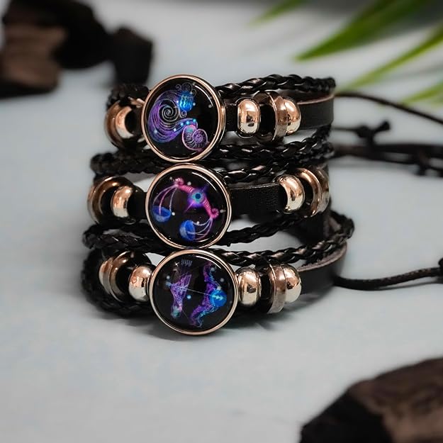 Zodiac Constellation Braided Design Black Leather Bracelet Adjustable