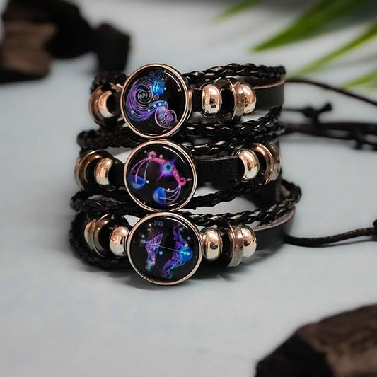 Zodiac Constellation Braided Design Black Leather Bracelet Adjustable